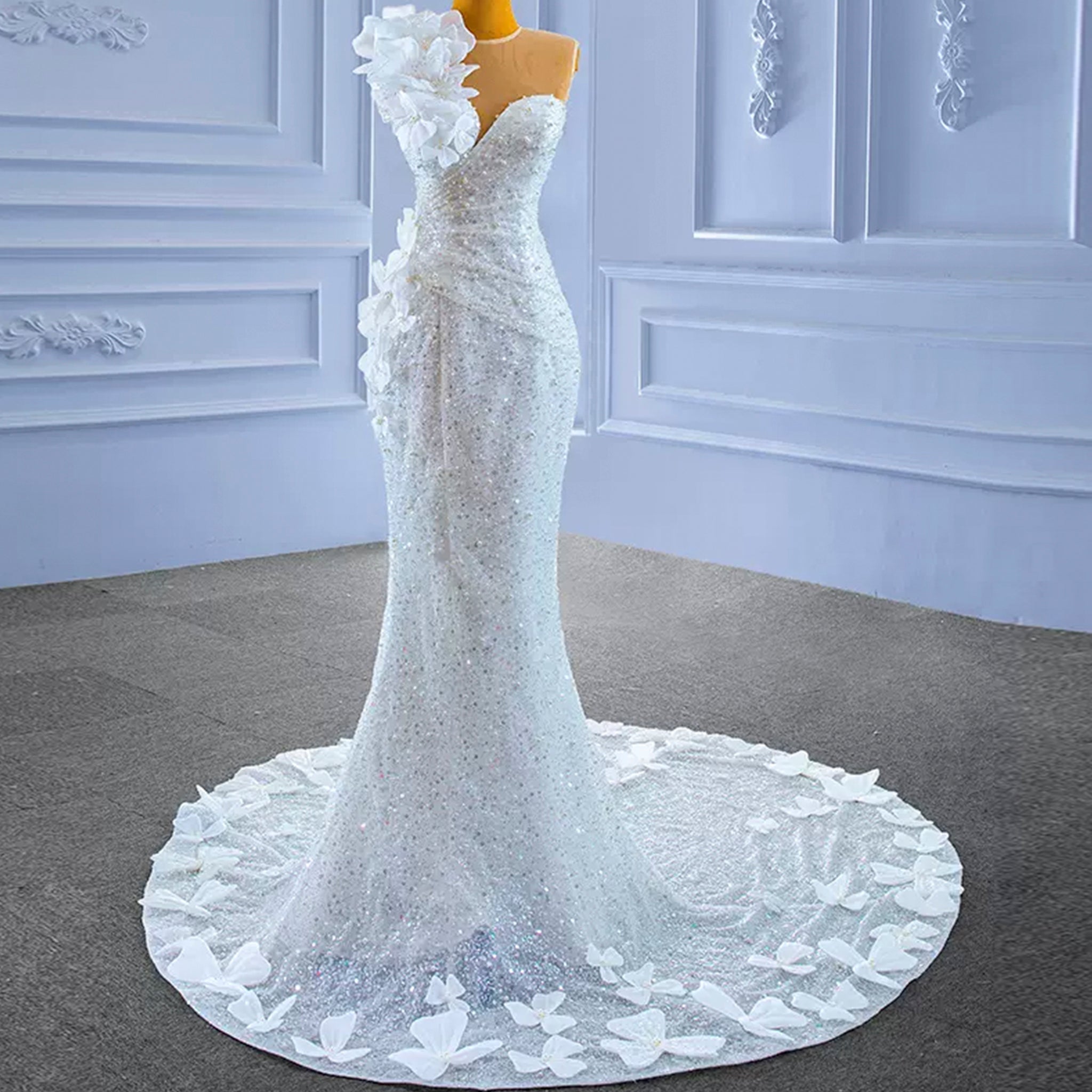 Shiny Beaded Floral Mermaid Wedding Dress with Sheer Neck - Rosymae