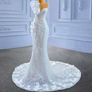 Shiny Beaded Floral Mermaid Wedding Dress with Sheer Neck - Rosymae