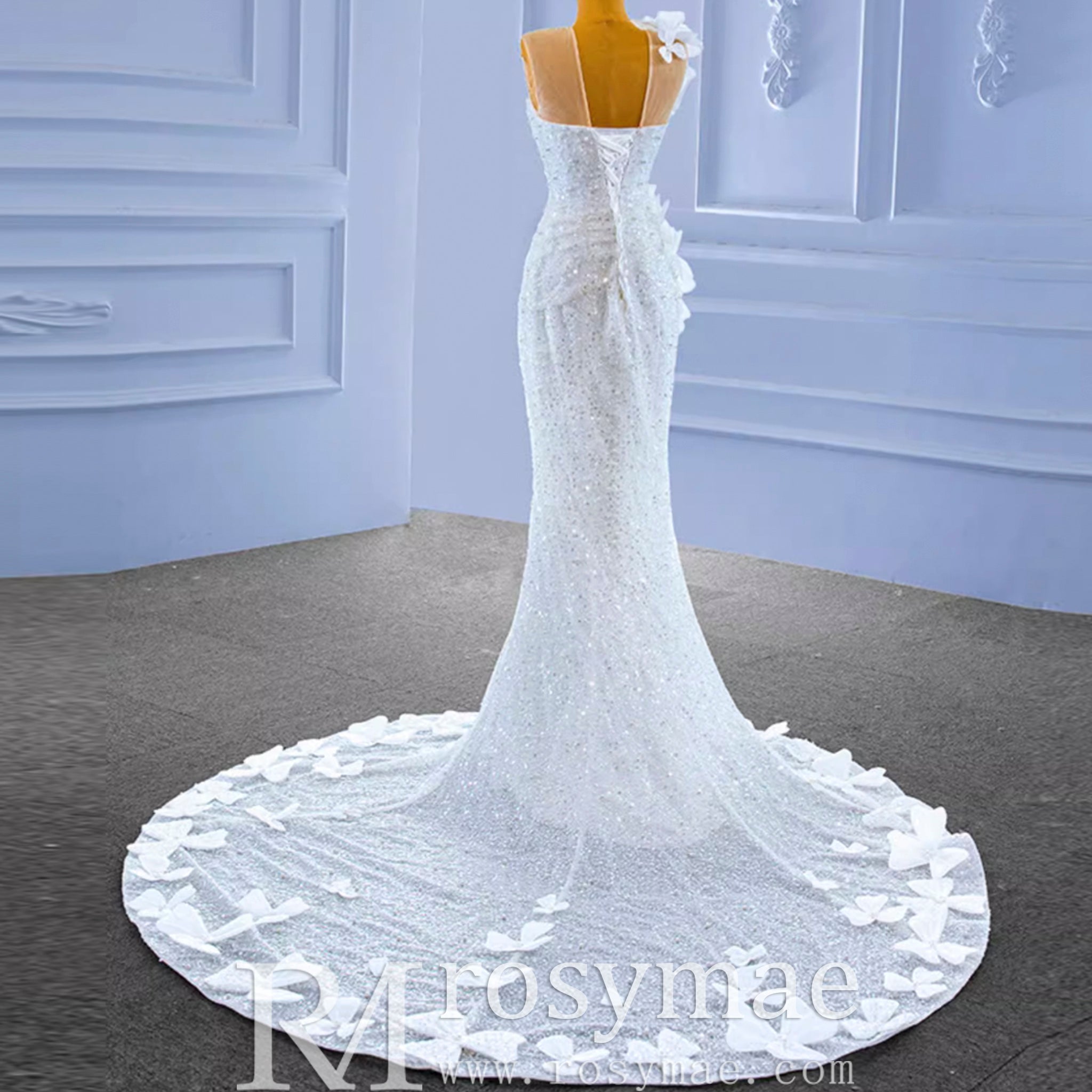 Shiny Beaded Floral Mermaid Wedding Dress with Sheer Neck - Rosymae