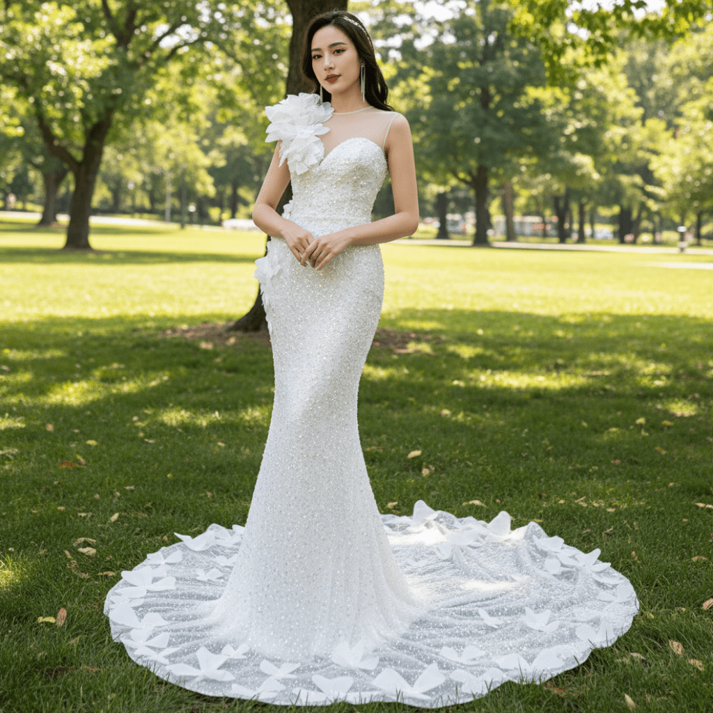 Shiny Beaded Floral Mermaid Wedding Dress with Sheer Neck - Rosymae