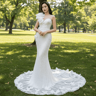 Shiny Beaded Floral Mermaid Wedding Dress with Sheer Neck - Rosymae