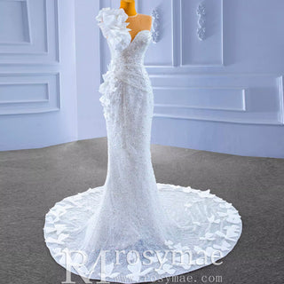 Shiny Beaded Floral Mermaid Wedding Dress with Sheer Neck - Rosymae