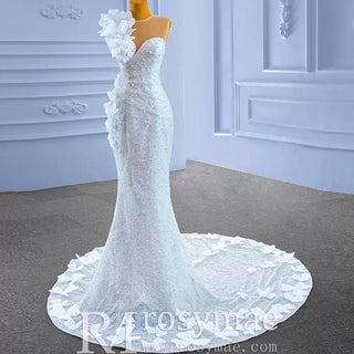 Shiny Beaded Floral Mermaid Wedding Dress with Sheer Neck - Rosymae