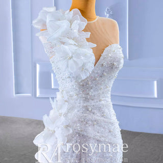 Shiny Beaded Floral Mermaid Wedding Dress with Sheer Neck - Rosymae