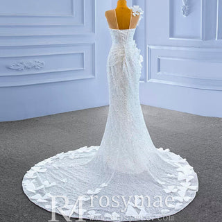 Shiny Beaded Floral Mermaid Wedding Dress with Sheer Neck - Rosymae