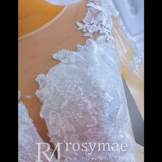 Shiny Vintage Lace Long Sleeve Wedding Dress with Overskirt - Rosymae