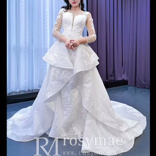 Shiny Vintage Lace Long Sleeve Wedding Dress with Overskirt - Rosymae