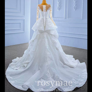 Shiny Vintage Lace Long Sleeve Wedding Dress with Overskirt - Rosymae