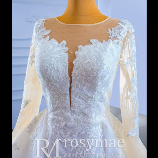 Shiny Vintage Lace Long Sleeve Wedding Dress with Overskirt - Rosymae