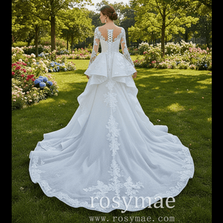 Shiny Vintage Lace Long Sleeve Wedding Dress with Overskirt - Rosymae