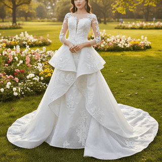 Shiny Vintage Lace Long Sleeve Wedding Dress with Overskirt - Rosymae