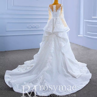 Shiny Vintage Lace Long Sleeve Wedding Dress with Overskirt - Rosymae