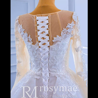 Shiny Vintage Lace Long Sleeve Wedding Dress with Overskirt - Rosymae