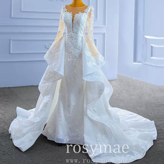 Shiny Vintage Lace Long Sleeve Wedding Dress with Overskirt - Rosymae