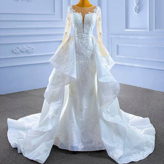 Shiny Vintage Lace Long Sleeve Wedding Dress with Overskirt - Rosymae