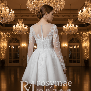 Short A-Line Bridal Wedding Dress with Illusion Sweetheart Bodice Long Lace Sleeves - Rosymae