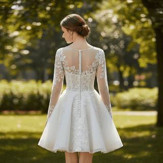 Short A-Line Bridal Wedding Dress with Illusion Sweetheart Bodice Long Lace Sleeves - Rosymae