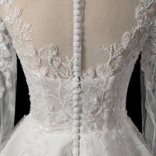 Short A-Line Bridal Wedding Dress with Illusion Sweetheart Bodice Long Lace Sleeves - Rosymae