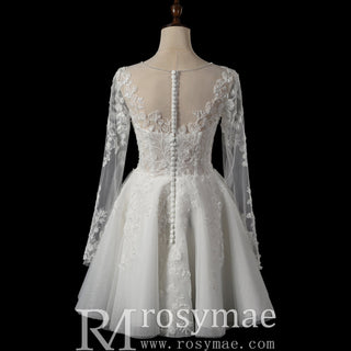 Short A-Line Bridal Wedding Dress with Illusion Sweetheart Bodice Long Lace Sleeves - Rosymae