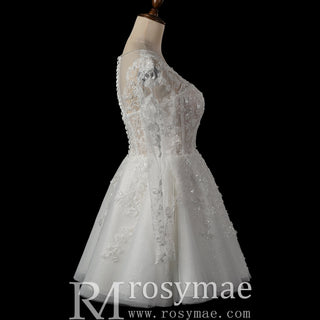 Short A-Line Bridal Wedding Dress with Illusion Sweetheart Bodice Long Lace Sleeves - Rosymae