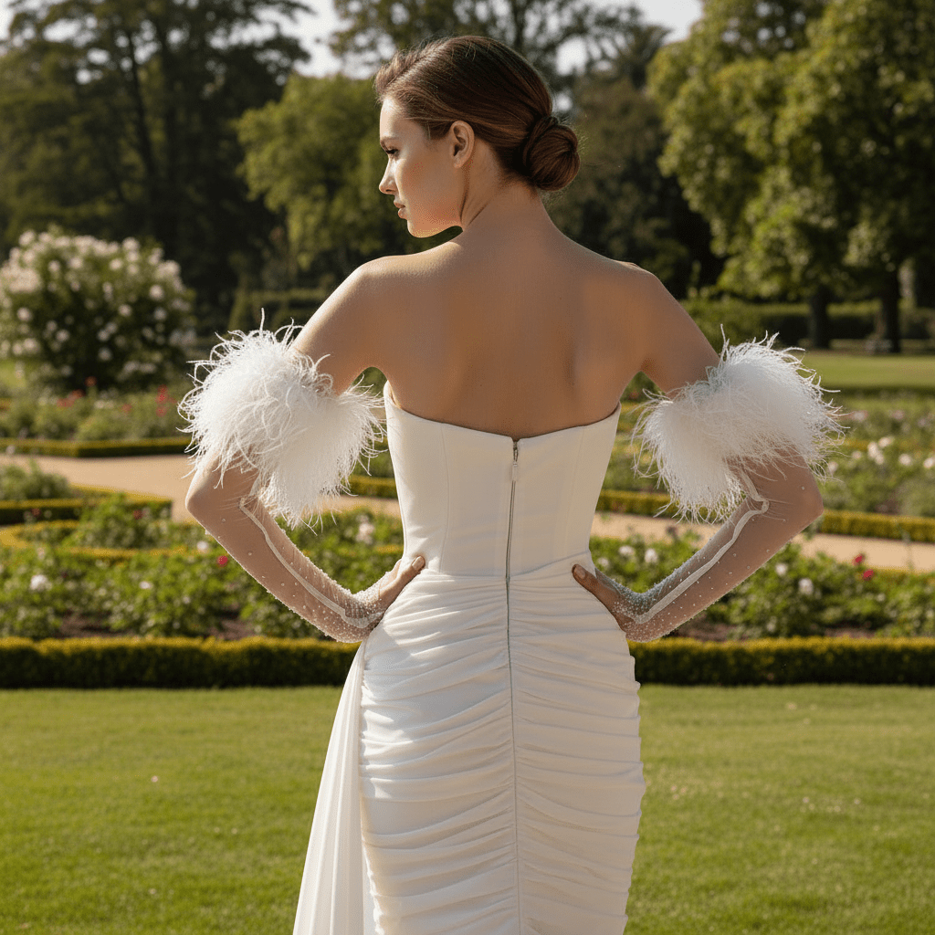 Short Chiffon Above-the-Knee Wedding Dress with Feathers - Rosymae