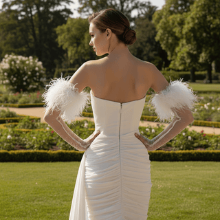 Short Chiffon Above-the-Knee Wedding Dress with Feathers - Rosymae
