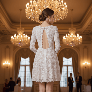 Short Knee-Length A-Line Long Sleeve Lace Wedding Dress with Keyhole Back - Rosymae