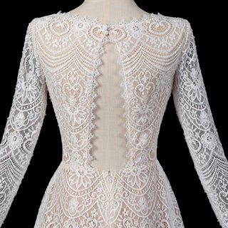 Short Knee-Length A-Line Long Sleeve Lace Wedding Dress with Keyhole Back - Rosymae