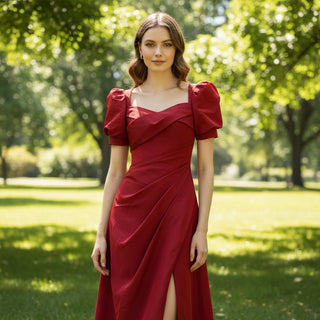 Short Lantern Sleeve Red Formal Evening Dress Party Gown with Slit - Rosymae
