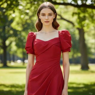 Short Lantern Sleeve Red Formal Evening Dress Party Gown with Slit - Rosymae