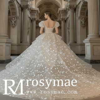 Short Puff Sleeve Ballgown Wedding Dresses Princess Wedding Gowns - Rosymae