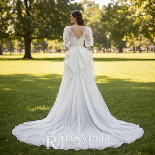 Short Puffy Long Sleeve Lace Wedding Dress with Detachable Train - Rosymae