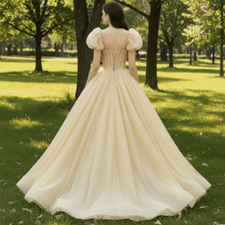 Short Puffy Sleeve Gold Formal Dress Prom Party Gown for Women - Rosymae