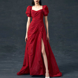Short Lantern Sleeve Red Formal Evening Dress Party Gown with Slit