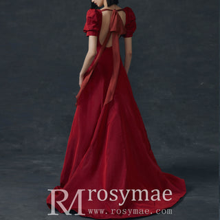 Short Lantern Sleeve Red Formal Evening Dress Party Gown with Slit