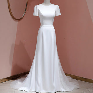 A-line Simple Satin White Wedding Dress with Short Sleeve