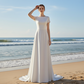A-line Simple Satin White Wedding Dress with Short Sleeve