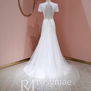 A-line Simple Satin White Wedding Dress with Short Sleeve