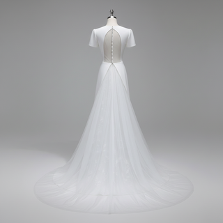 A-line Simple Satin White Wedding Dress with Short Sleeve