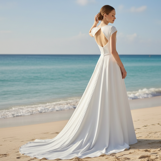 A-line Simple Satin White Wedding Dress with Short Sleeve