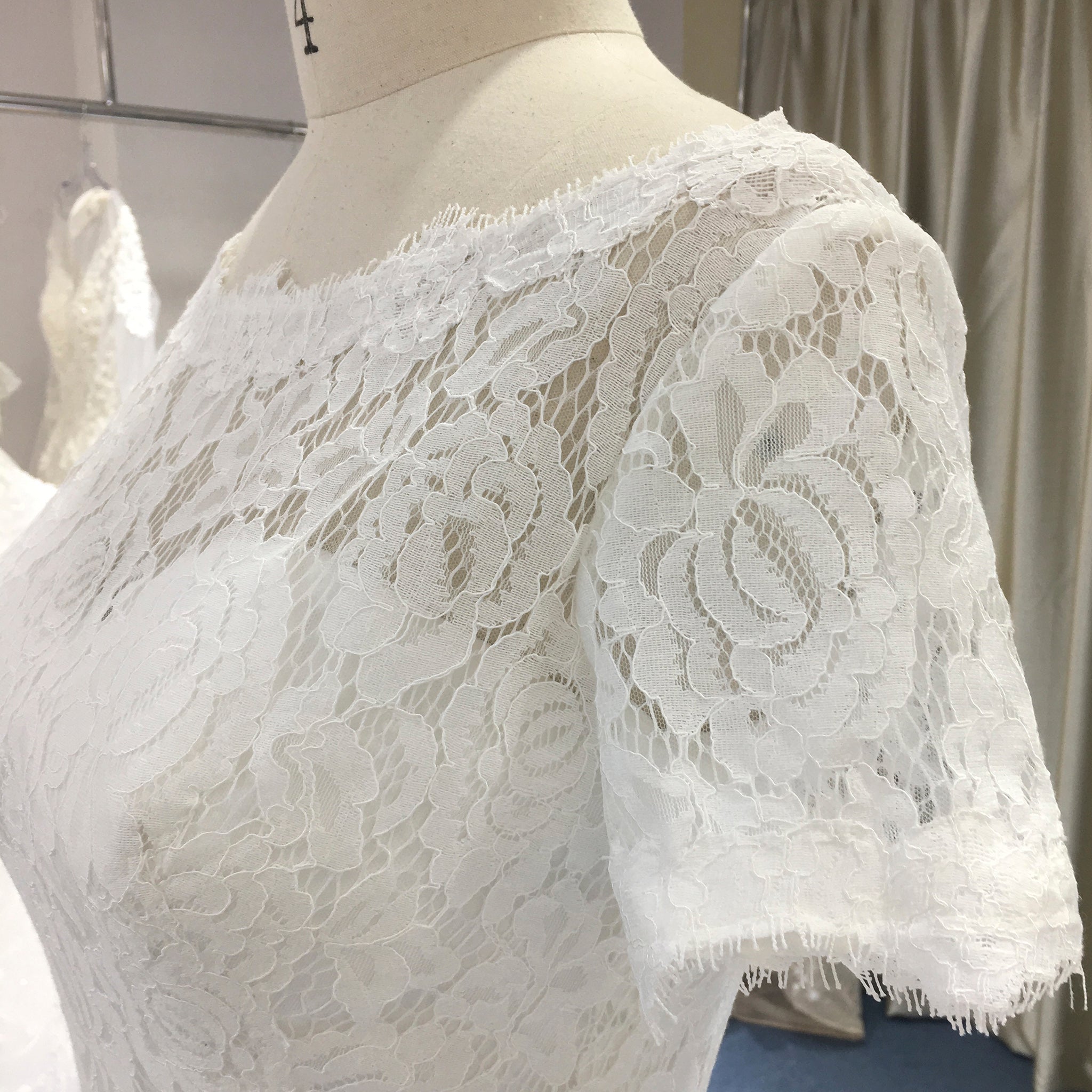 Modest Short Sleeves Sheer Neck full lace overlay Wedding Dress Champagne / 0 Modest Short Sleeves Sheer Neck full lace overlay Wedding Dress Champagne / 0