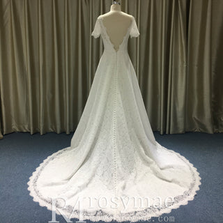 Modest Short Sleeves Sheer Neckline Lace Wedding Dress with Backless