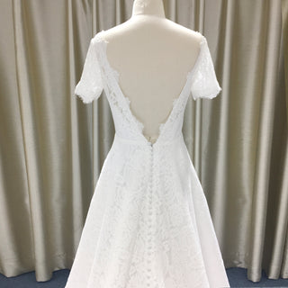 Modest Short Sleeves Sheer Neckline Lace Wedding Dress with Backless