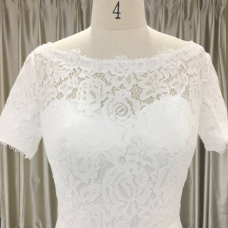 Modest Short Sleeves Sheer Neckline Lace Wedding Dress with Backless