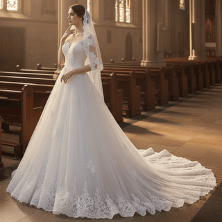 Short Sleeve A Line Tulle Appliqued Lace Wedding Dress - Rosymae