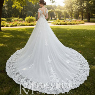 Short Sleeve A Line Tulle Appliqued Lace Wedding Dress - Rosymae