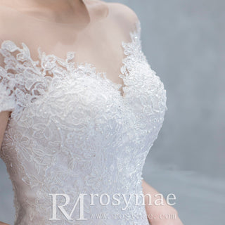 Short Sleeve A Line Tulle Appliqued Lace Wedding Dress - Rosymae