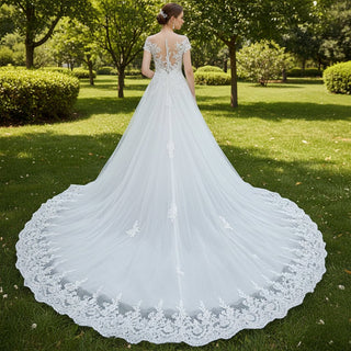 Short Sleeve A Line Tulle Appliqued Lace Wedding Dress - Rosymae