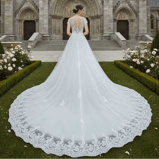 Short Sleeve A Line Tulle Appliqued Lace Wedding Dress - Rosymae