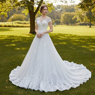 Short Sleeve A Line Tulle Appliqued Lace Wedding Dress - Rosymae